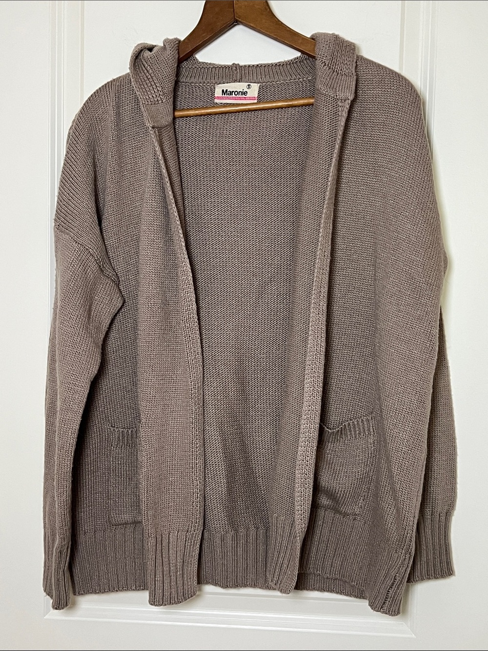 Maronie Hooded Open-Front Knit Cardigan Wool Blend Taupe Brown Small